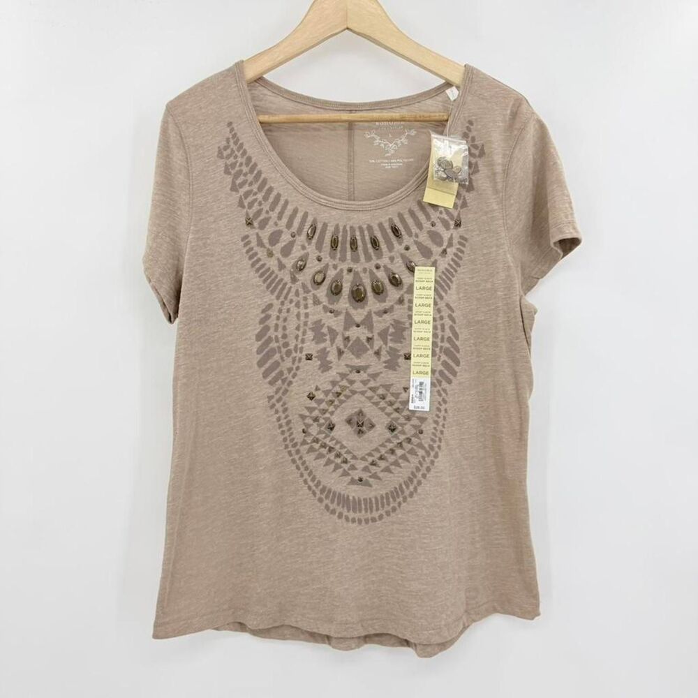 Sonoma Goods for Life Women Taupe Gray Embellished Tribal Boho T-Shirt Large NWT